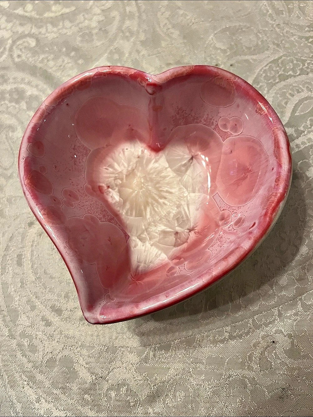 Simon Pearce Heart-Shaped Crystalline Ceramic Trinket Dish in Pink & White EUC S